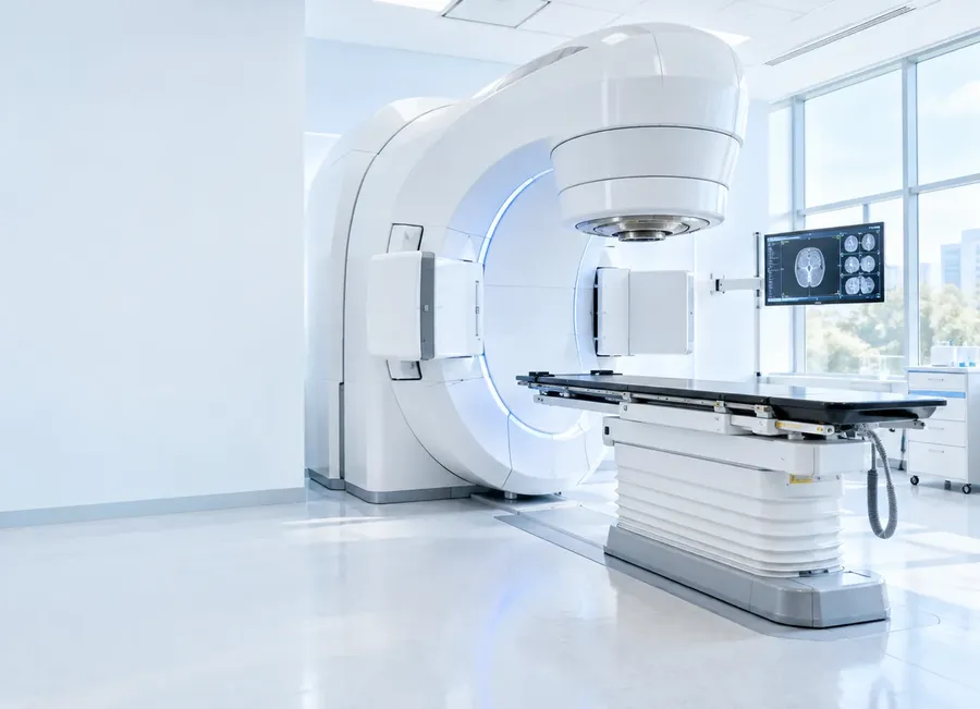Phòng điều trị ung bướu hiện đại với máy gia tốc và bàn bệnh nhân